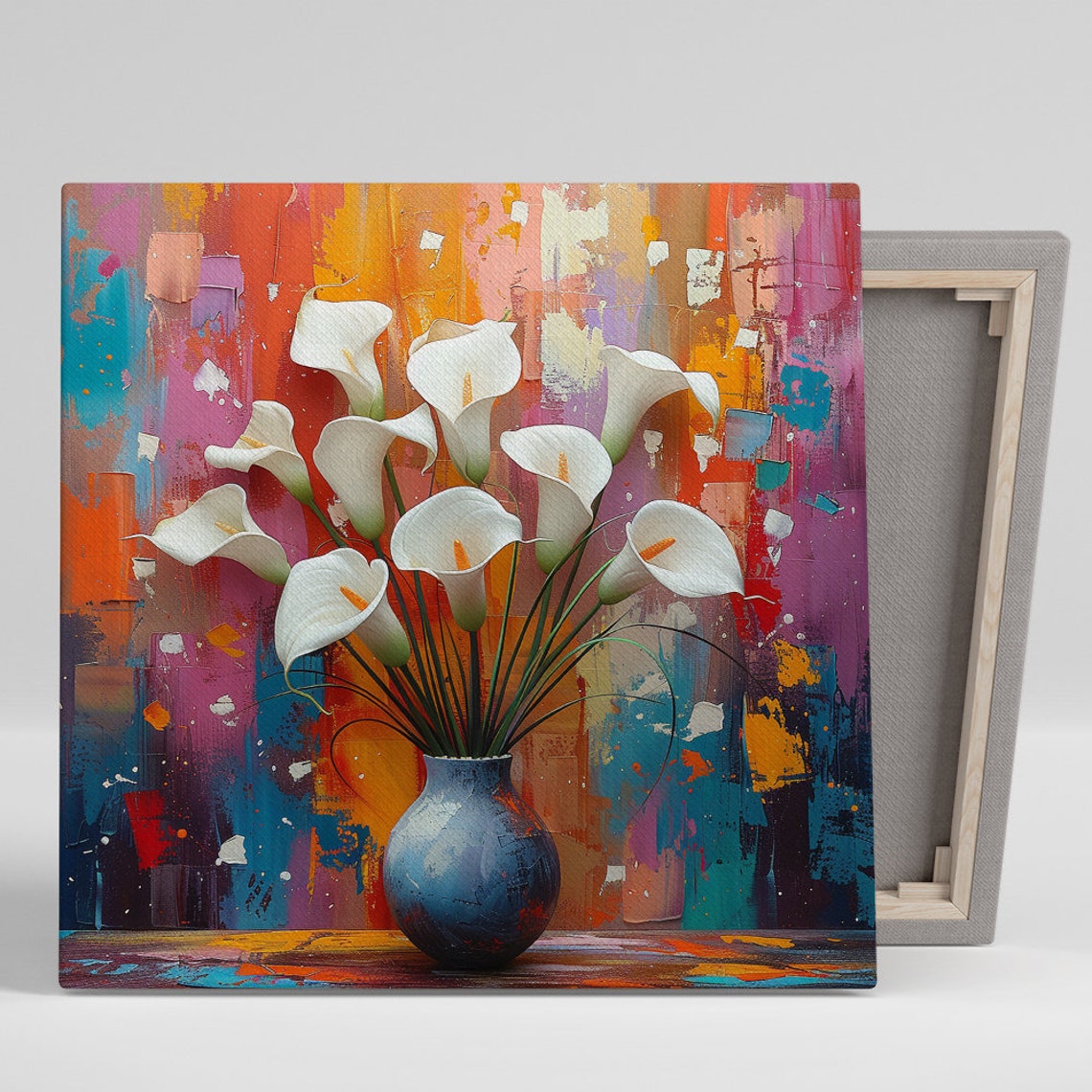 White Calla Lilies Blue Vase Multicolor Abstract Floral Art Print