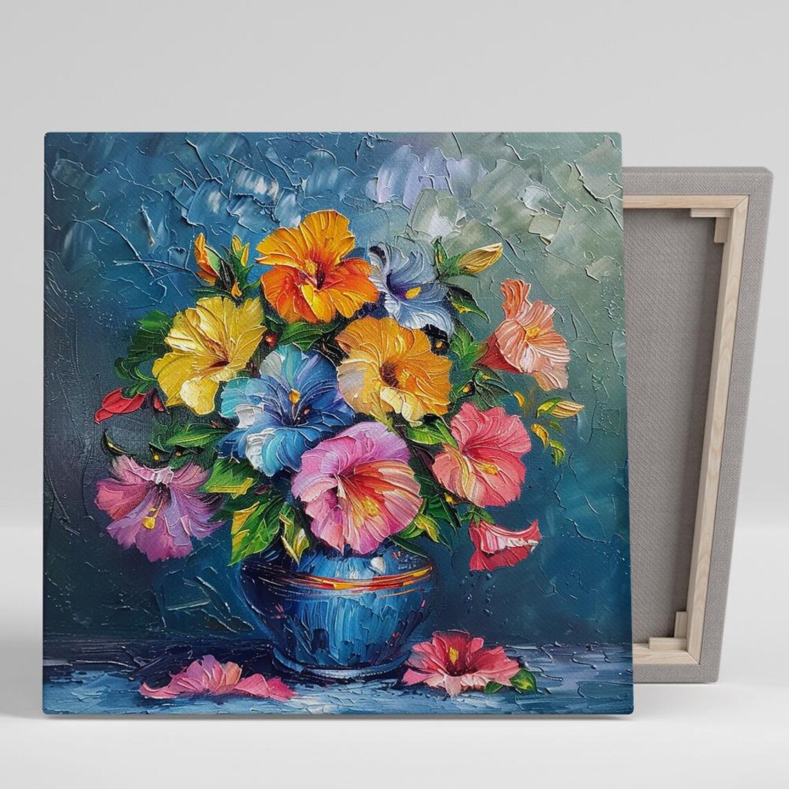 Hibiscus Bouquet Blue Vase Impasto Oil Painting Floral Poster