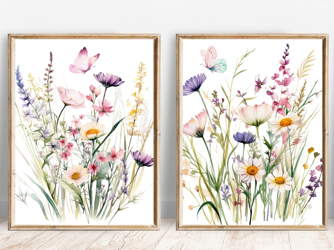 Watercolor Wildflower Meadow Daisy Butterfly Set of 2 Poster - Image 2