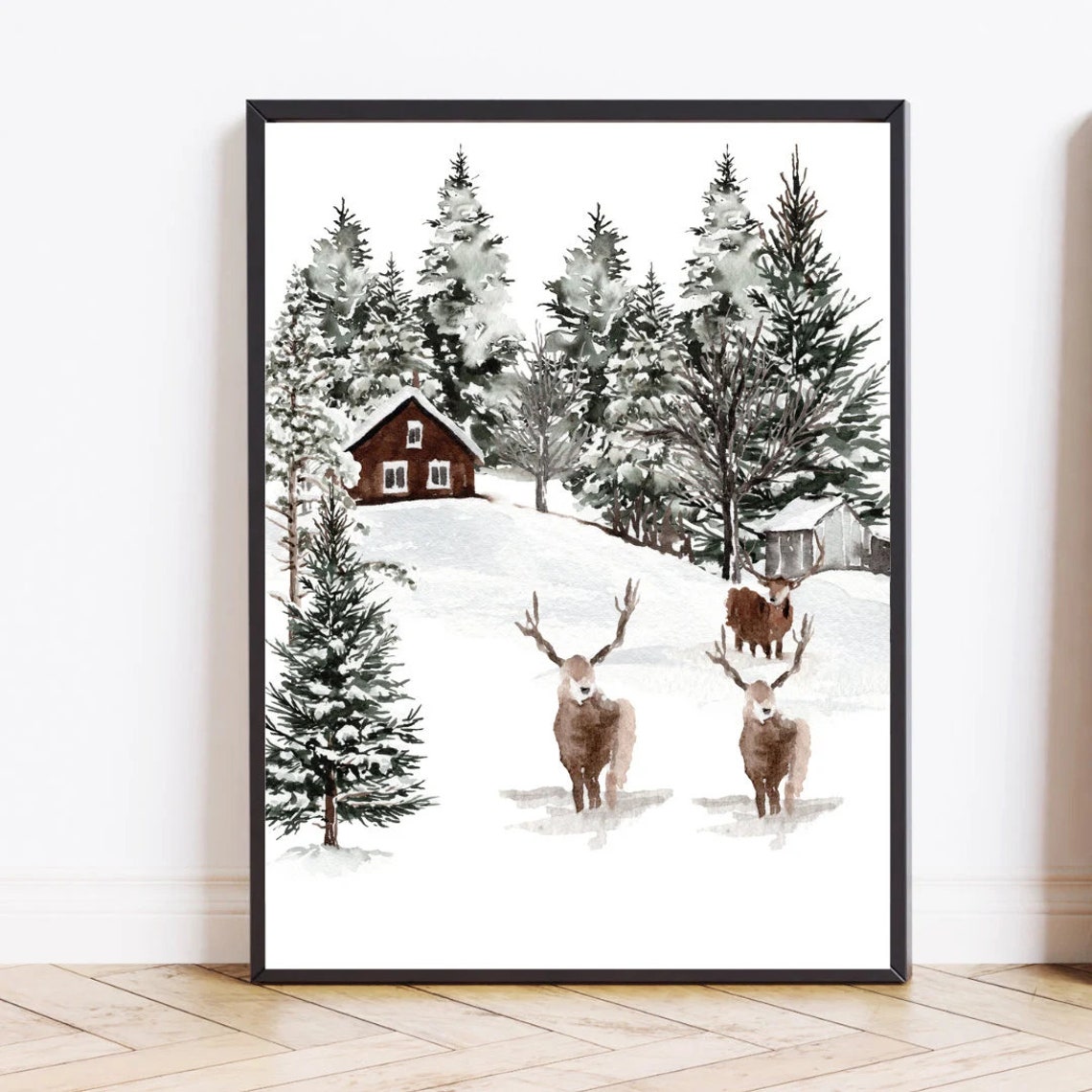 Winter Cabin Snowy Forest With Deer Watercolor Landscape Poster - Image 2