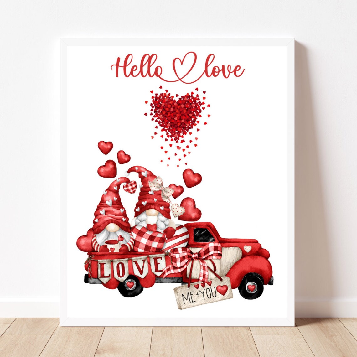Hello Love Valentines Gnomes Red Truck Watercolor Art Poster - Image 2