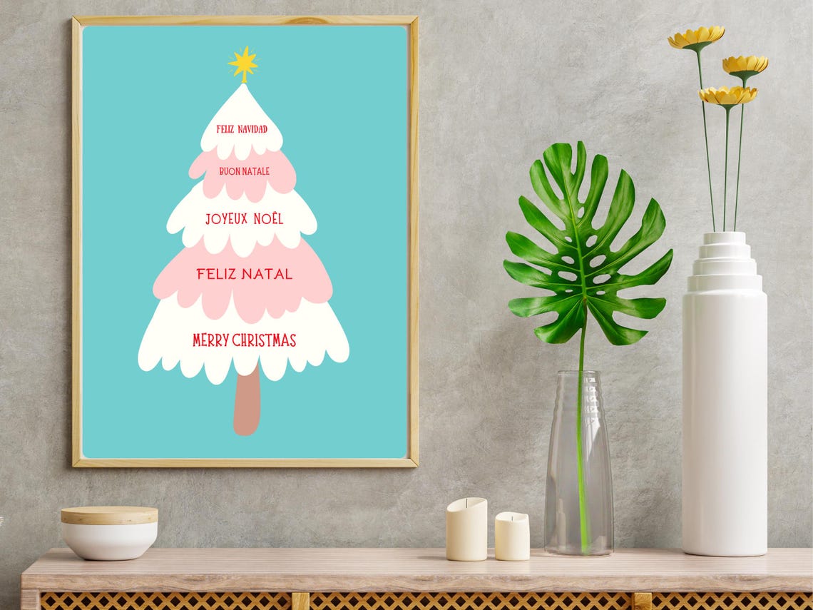 Merry Christmas Five Languages Pink Tree Teal Holiday Quote Poster
