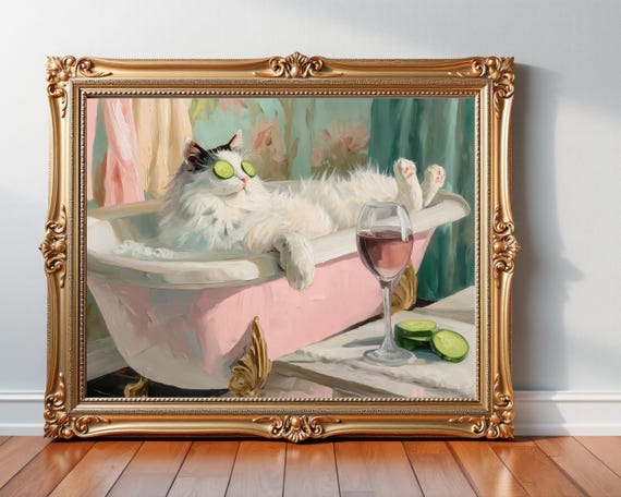 Retro Cat In Vintage Bathtub Painting Print Funny Spa Bathroom Art Wine Feline Artwork Green Pink Washroom Decor