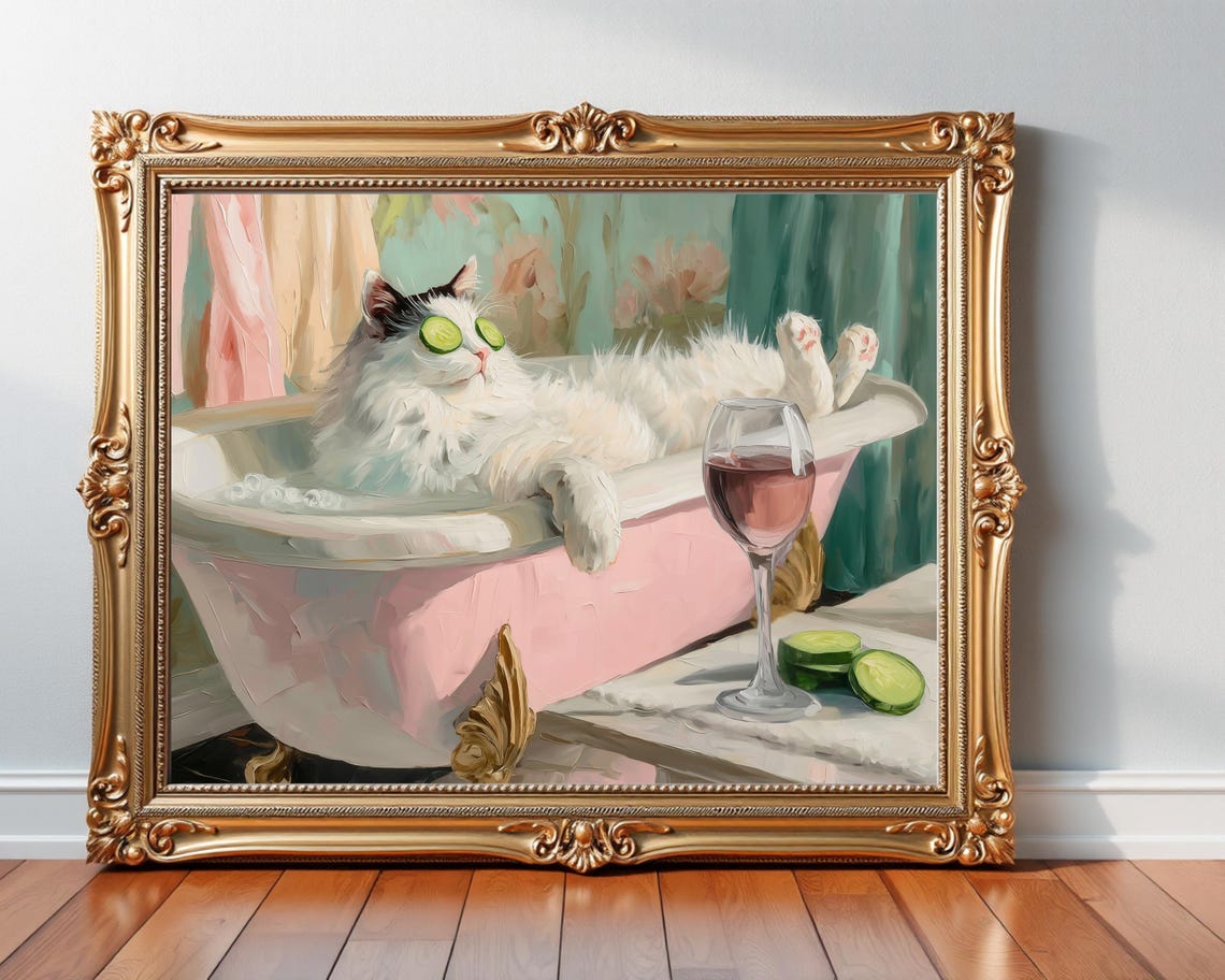 Funny Spa Cat Vintage Bathtub Cucumber Mask Wine Bathroom Poster