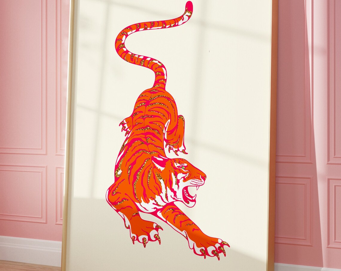 Tiger College Dorm Decor, Pink and Orange Art Print