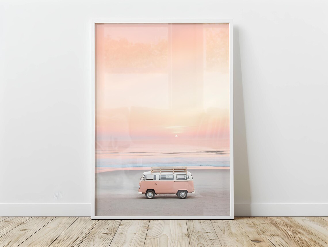 Vintage Van On Pink Beach Sunset Pastel Coastal Travel Wall Poster
