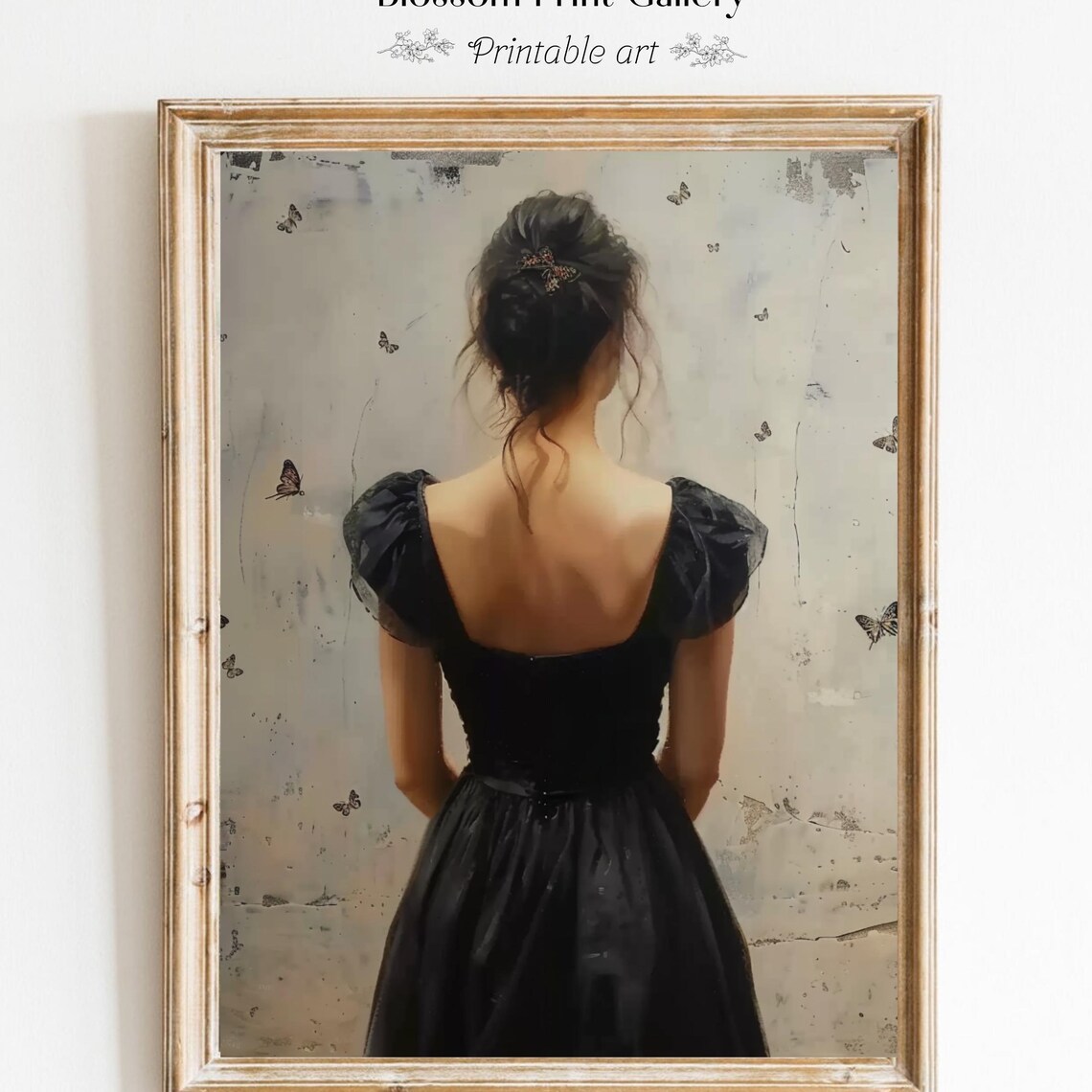 Elegant Woman Black Dress Butterfly Vintage Portrait Wall Art