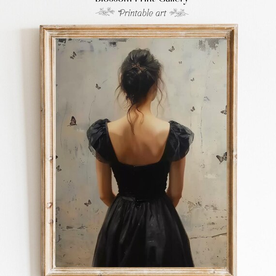 Elegant Woman Black Dress Butterfly Vintage Portrait Wall Art