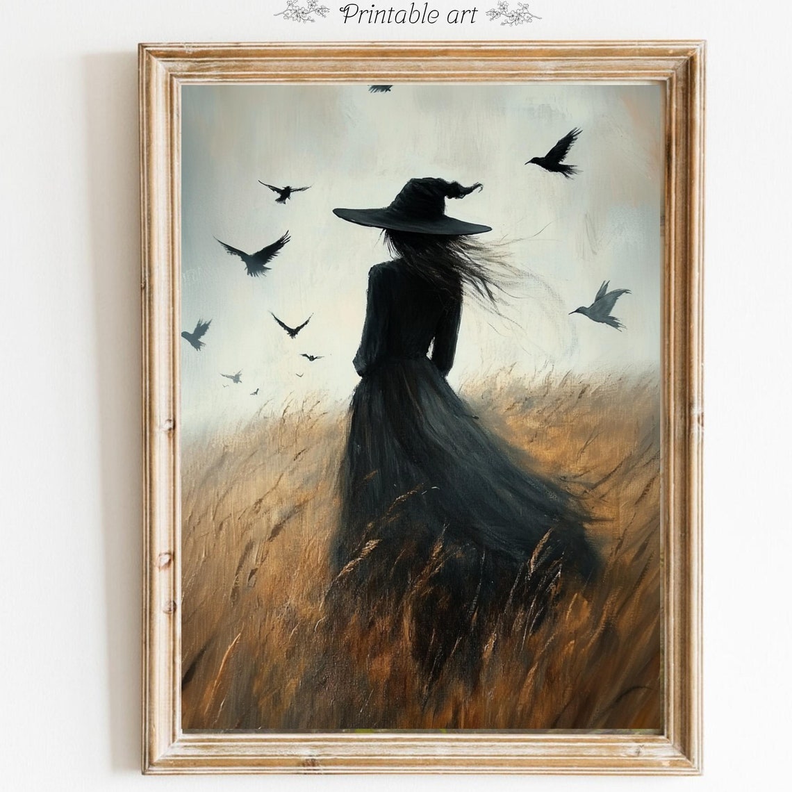 Dark Witch Walking Through Golden Wheat Field with Crows Poster