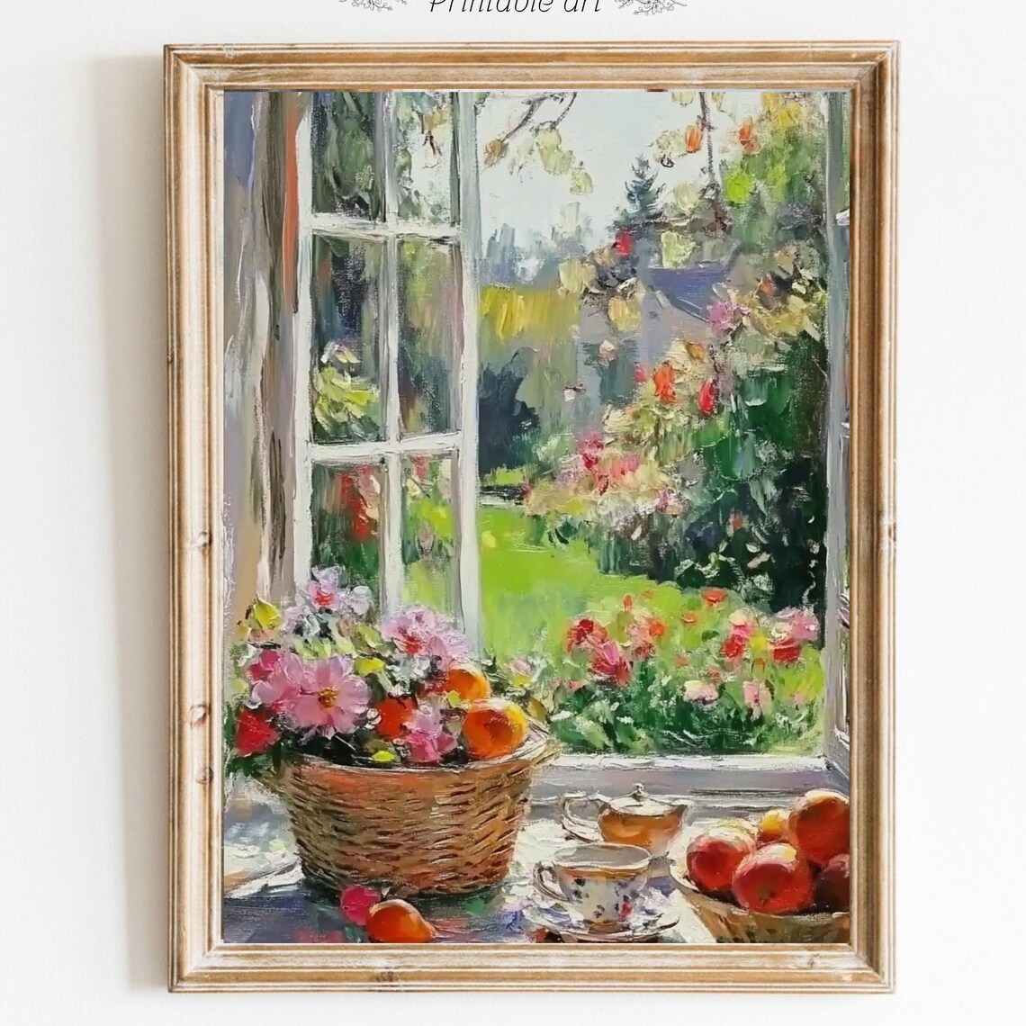 Basket Of Pink Flowers And Apples On A Sunny Windowsill Print