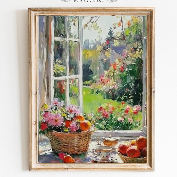 Basket Of Pink Flowers And Apples On A Sunny Windowsill Print