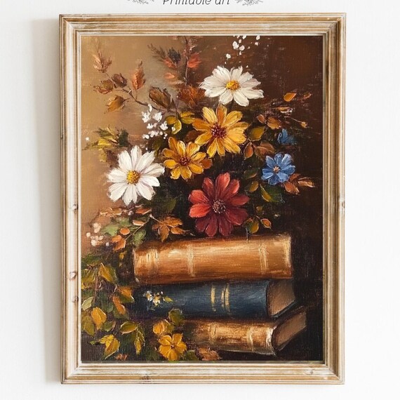 Colorful Autumn Flowers with Stacked Vintage Books Still Life Poster