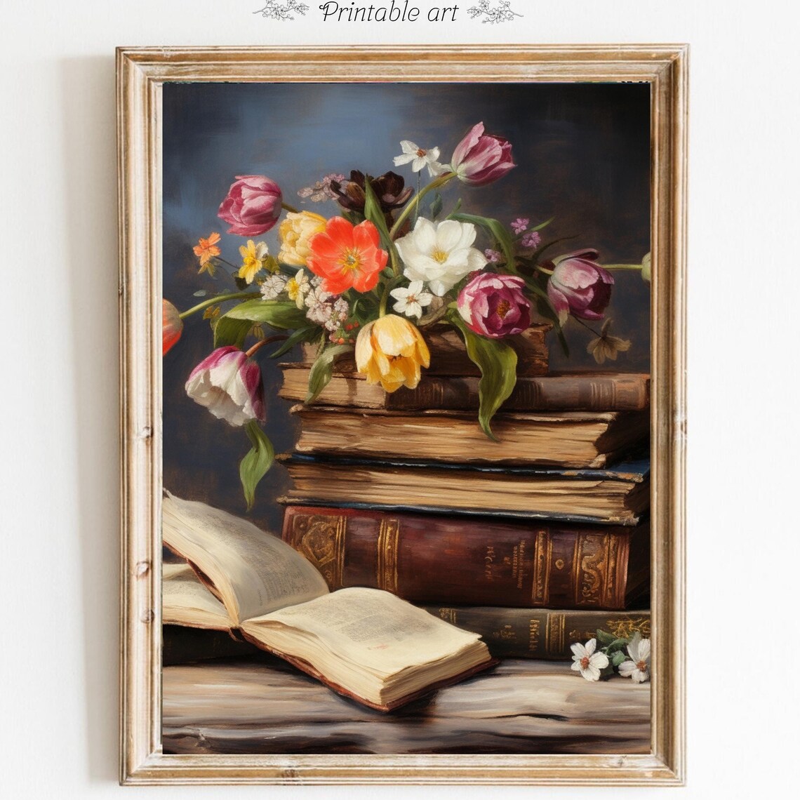 Antique Books with Blooming Tulips Dark Academia Still Life Poster