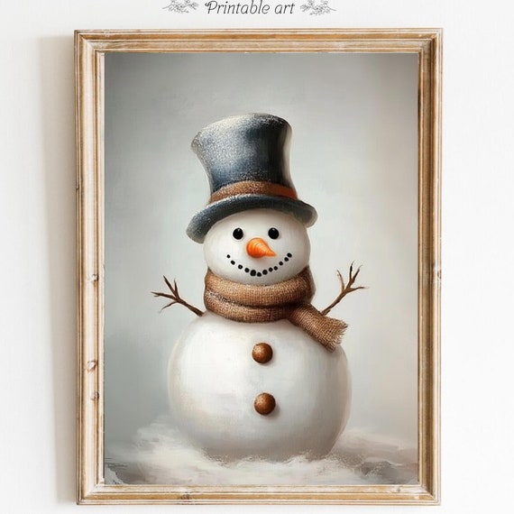 Cute Snowman Print Snowman Portrait Vintage Decor Christmas Wall Art Rustic Winter Wal Art Christmas Prints Holiday Art 728