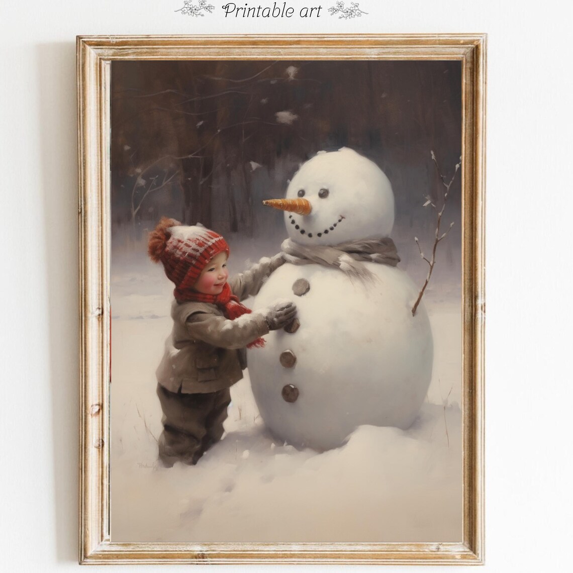 Boy Building Snowman Cozy Winter Christmas Vintage Children Art Print