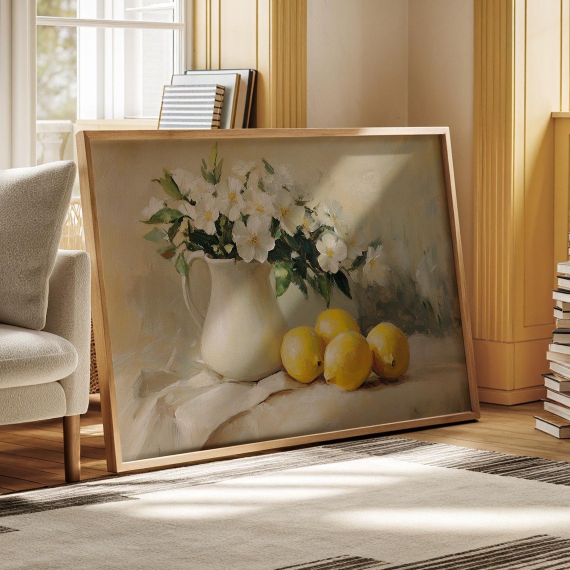 Vintage Still Life White Vase Blossoms Lemons Classic Kitchen Poster