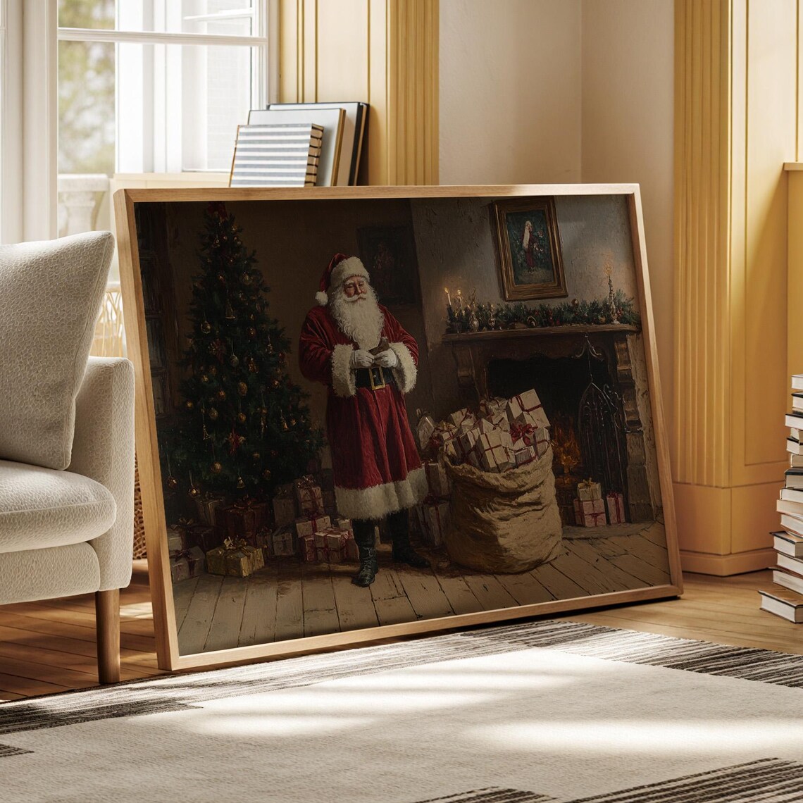 Traditional Santa Claus by Fireplace Cozy Christmas Gifts Poster