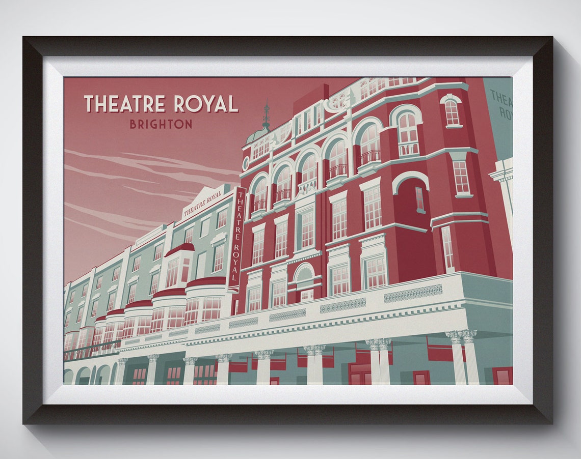 Theatre Royal Brighton Red Art Deco Facade Vintage Travel Poster