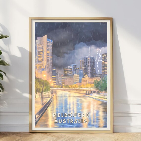Melbourne Australia Print Stormy Night Skyline City Rain Wall Art