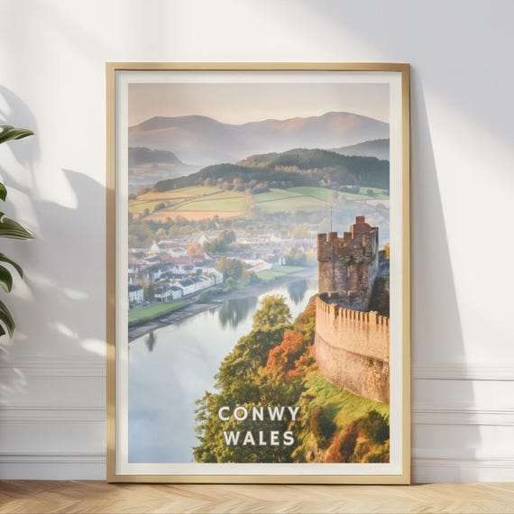 Conwy Wales Poster Historic Castle Print Welsh Landscape Wall Art Medieval Fortress Illustration Uk Travel Decor Countryside Scenery