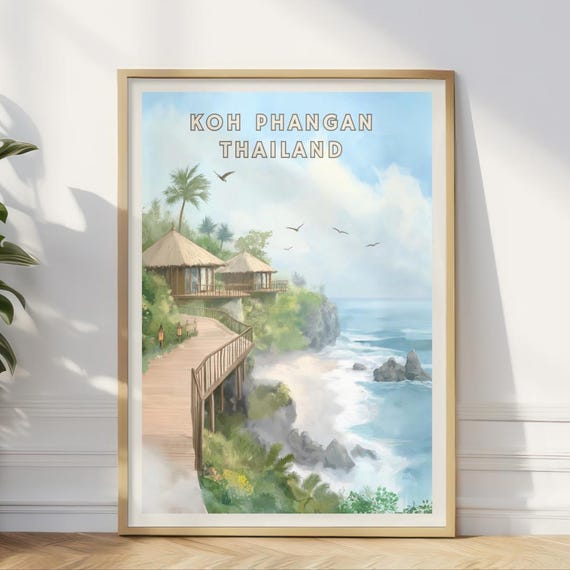 Koh Phangan Thailand Poster Tropical Island Resort Print Ocean Cliff Bungalows Art Southeast Asia Travel Decor Beach Paradise Wall Art