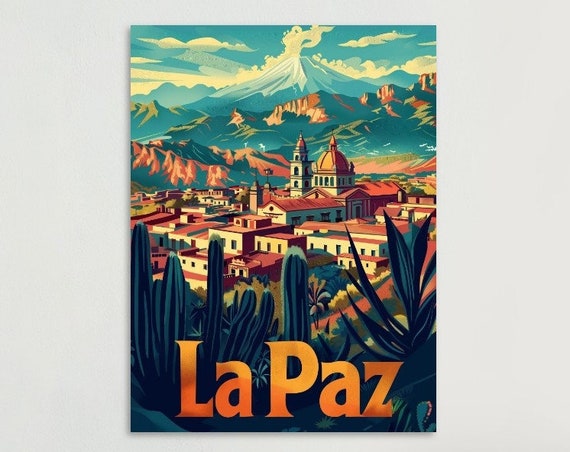 La Paz Bolivia Vintage Art Print Colorful Retro Home Decor Perfect Travel Memory Keepsake Gift