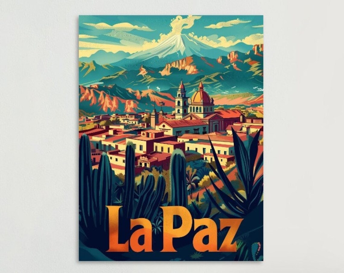 La Paz Bolivia Andes City Mountain Vintage Retro Travel Poster