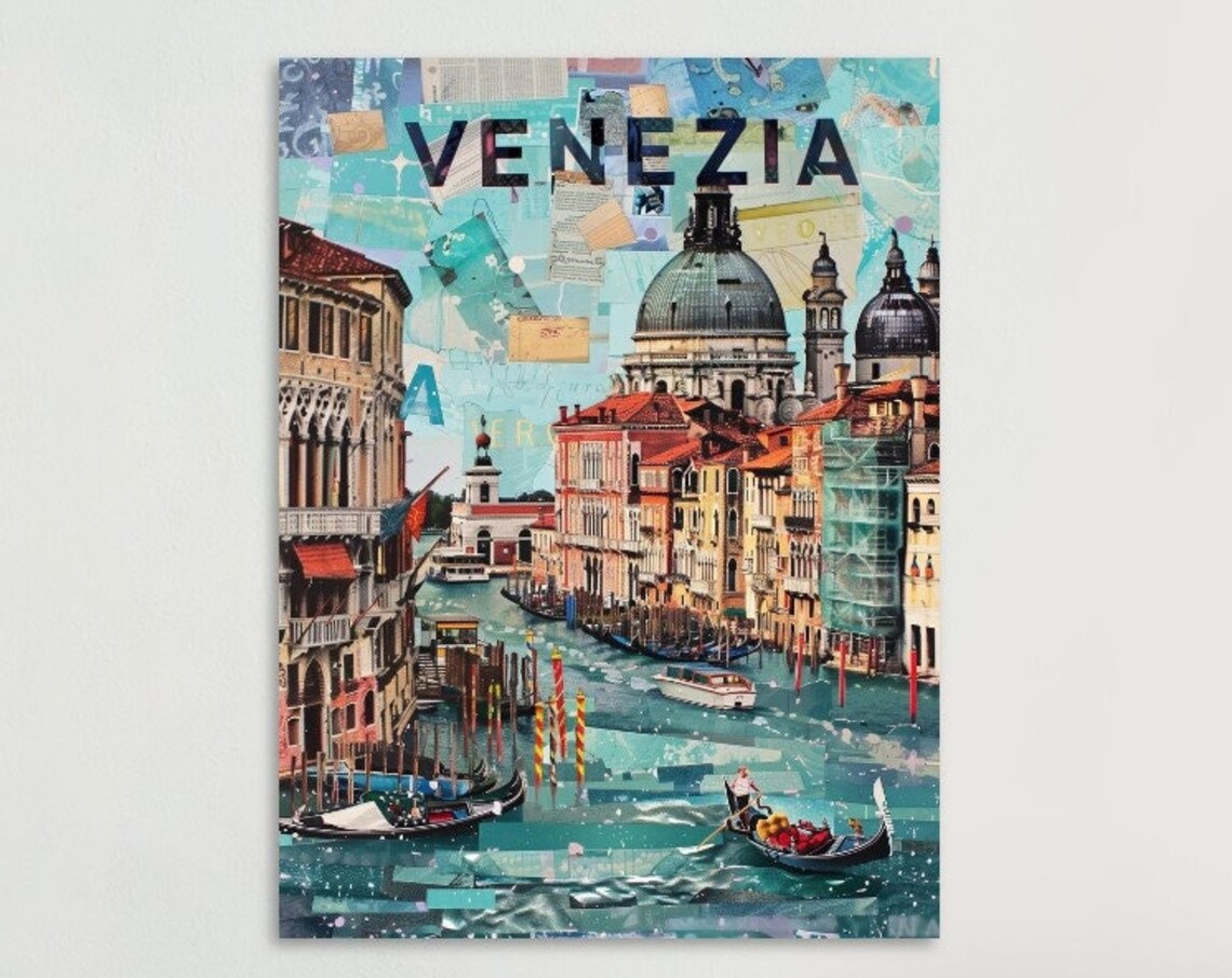 Venezia Grand Canal Gondolas Domed Church Collage Style Travel Poster