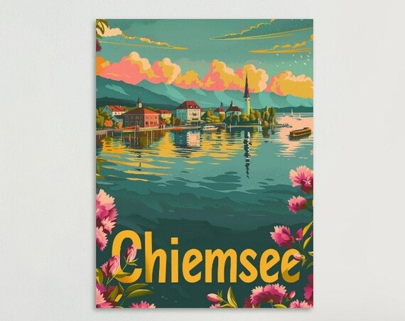 Chiemsee Lake Bavaria Village Blossom Retro Sunset Travel Poster