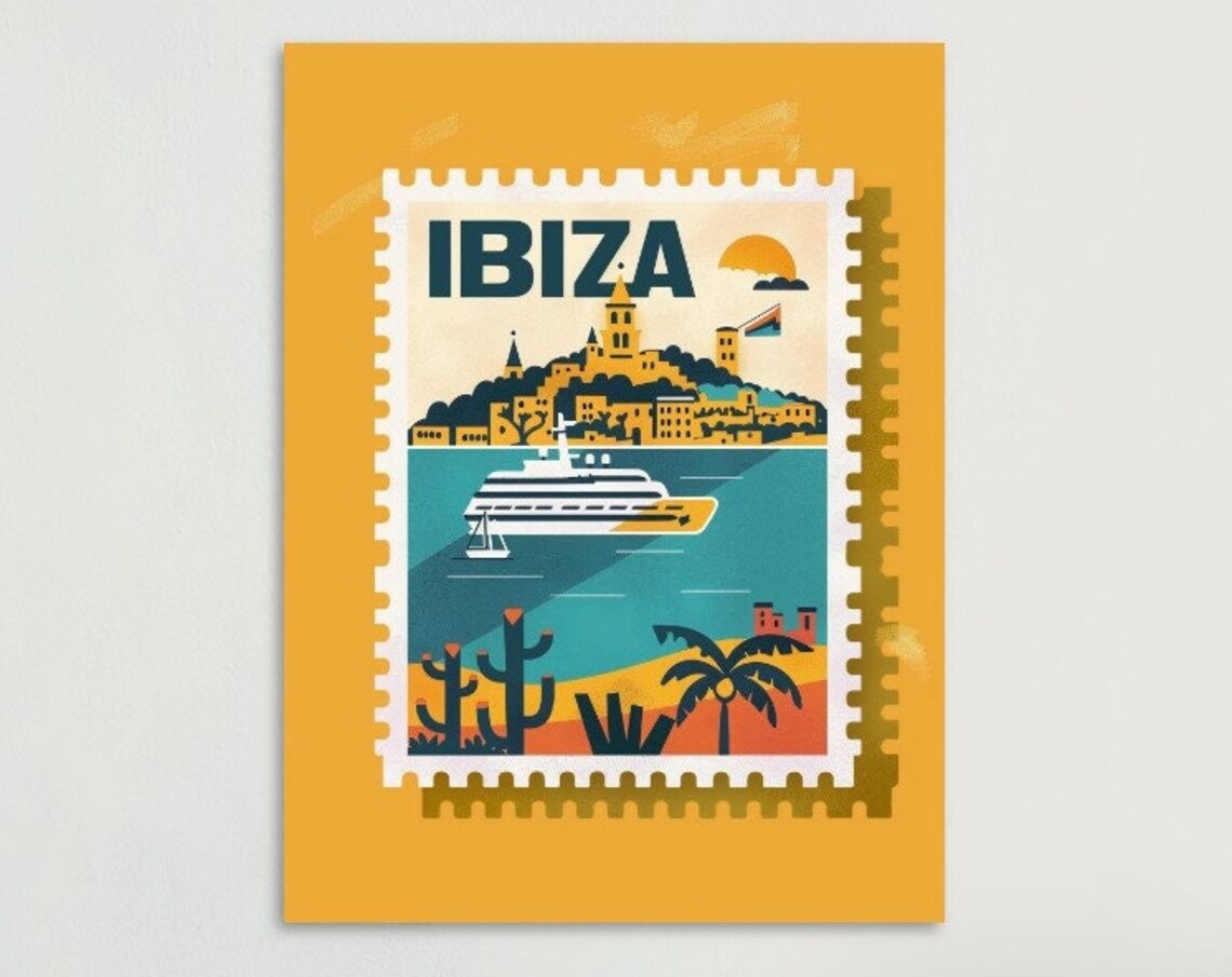 Ibiza Cruise Ship Old Town Harbor Postage Stamp Style Travel Poster