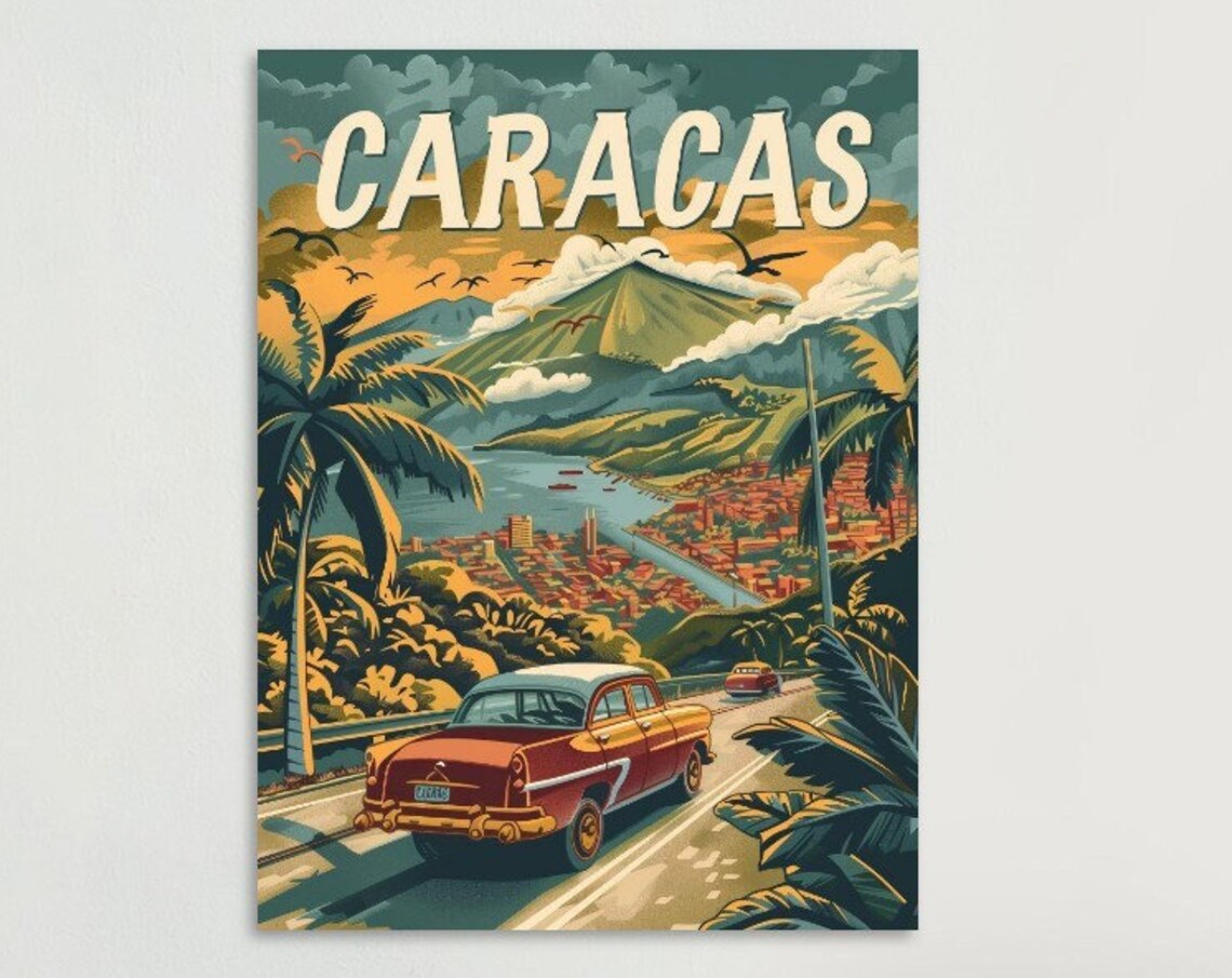 Caracas Classic Car Coastal Mountain Retro Travel Wall Poster