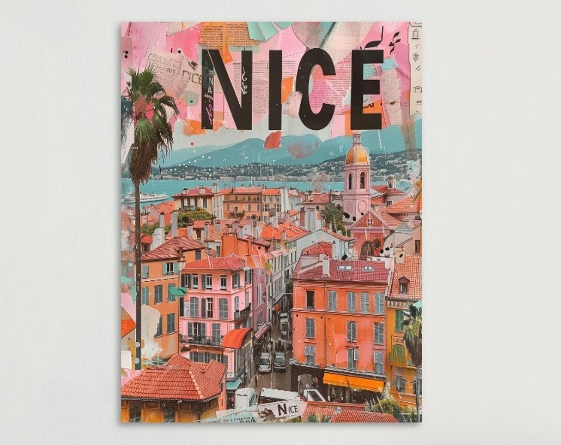 Nice Old Town Rooftops Palm Collage Pink Retro France Travel Poster