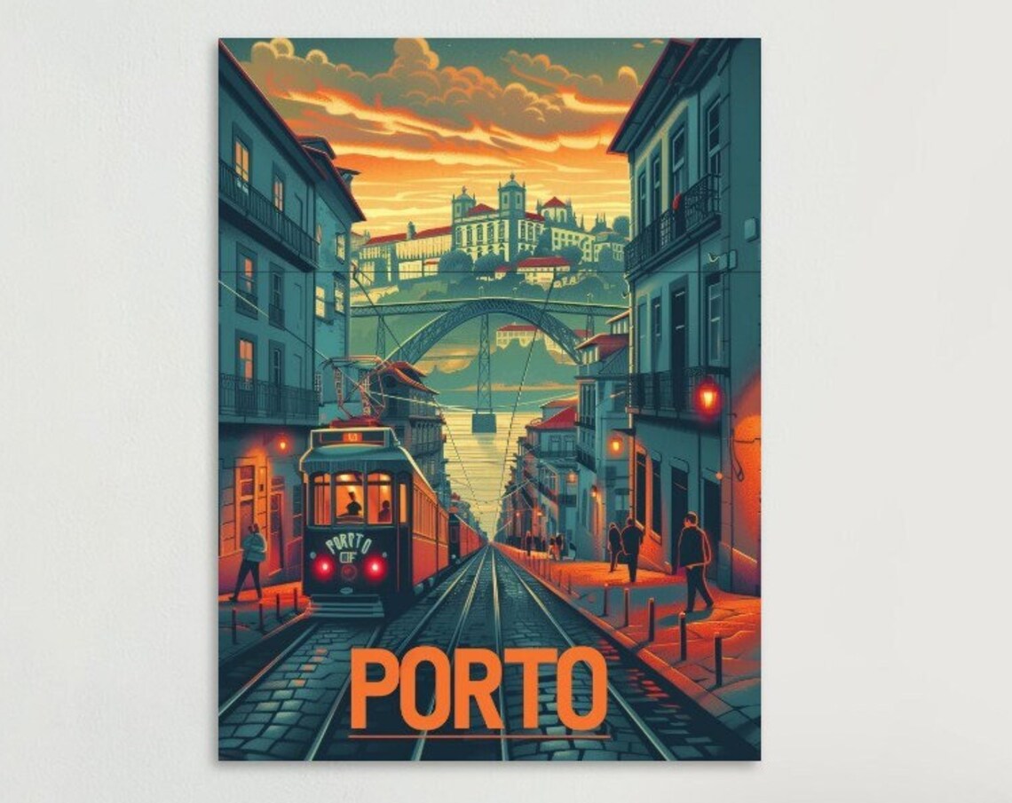 Porto Tram Night Street Douro Sunset Vintage Portugal Poster Art
