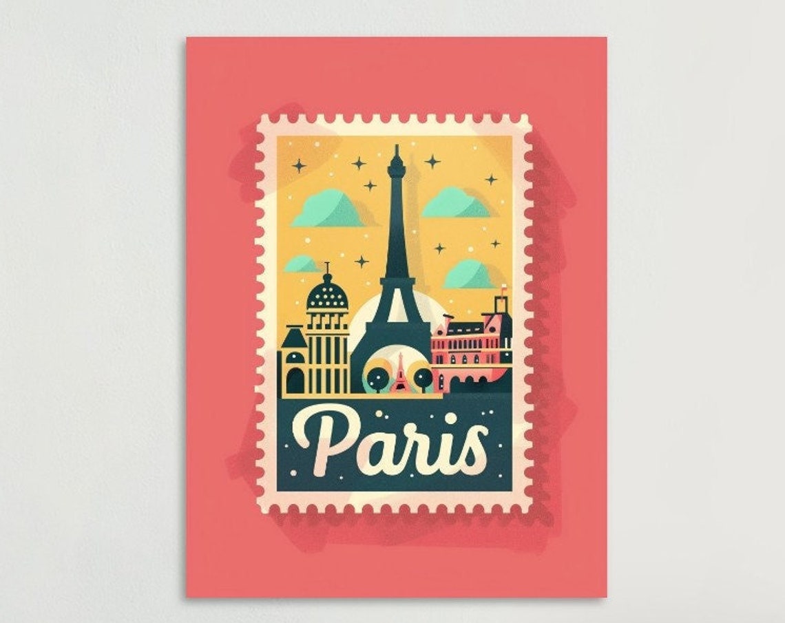 Paris Eiffel Tower Starry Night Postage Stamp Style Travel Poster