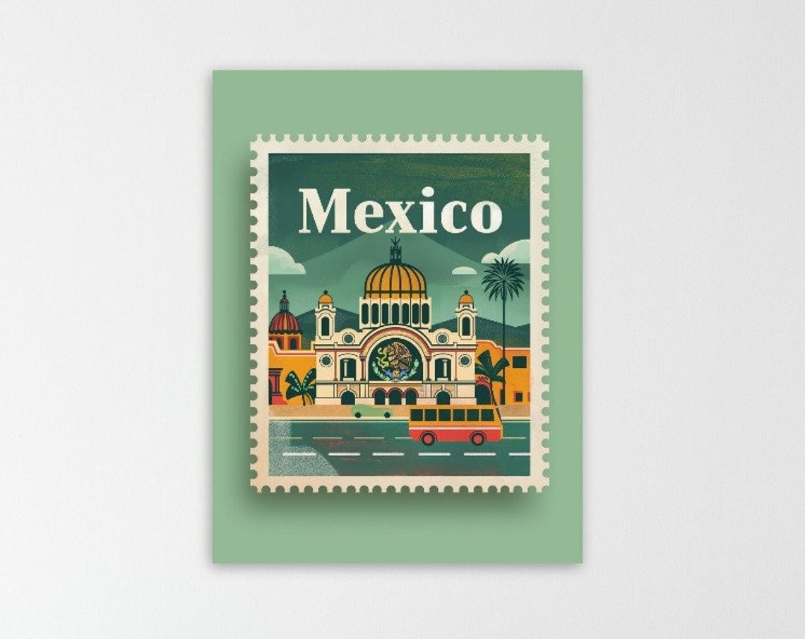 Mexico City Historic Landmark Vintage Travel Stamp Style Poster