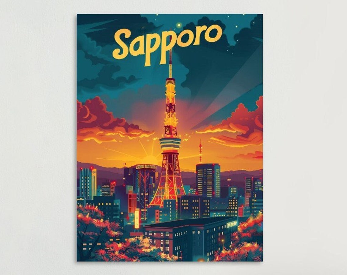 Sapporo TV Tower Sunset Cherry Blossom Vintage Hokkaido Japan Poster