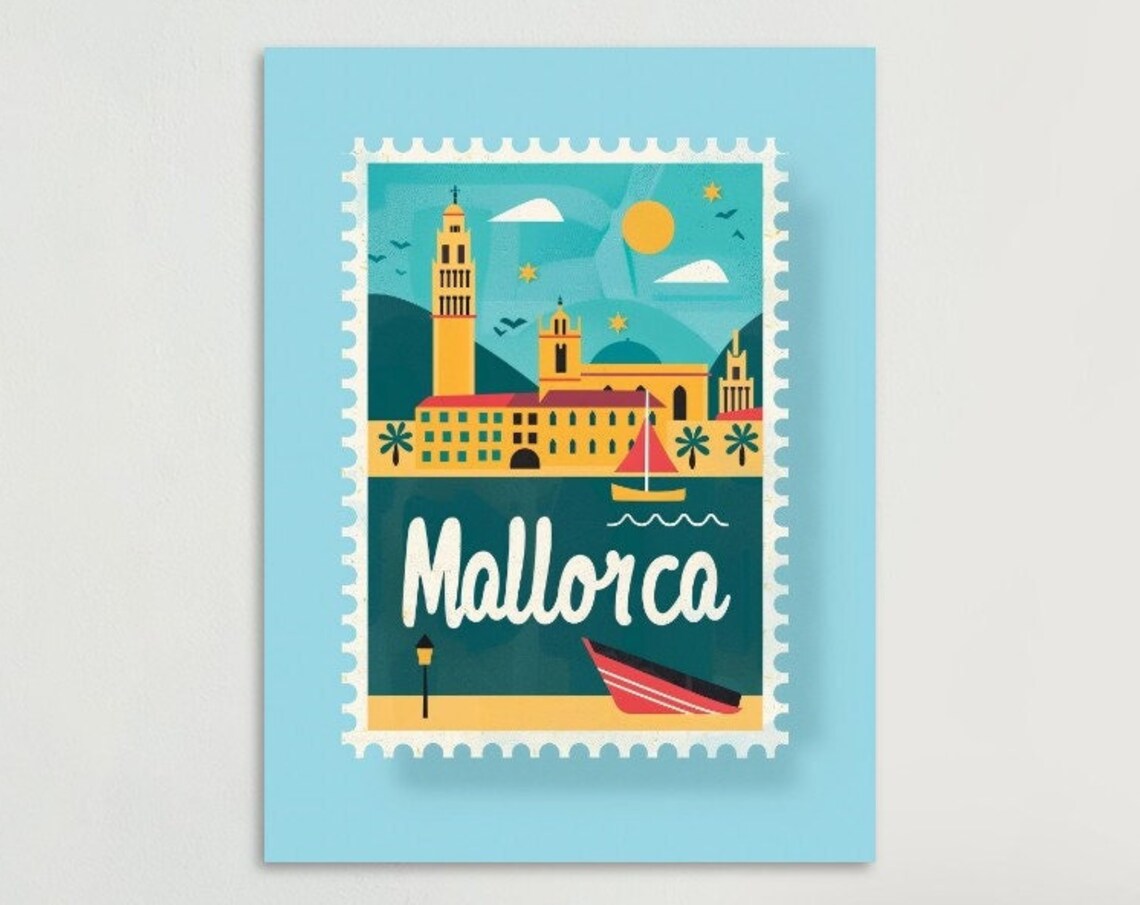 Mallorca Spain Harbor Cathedral Sailboats Stamp Travel Art Poster