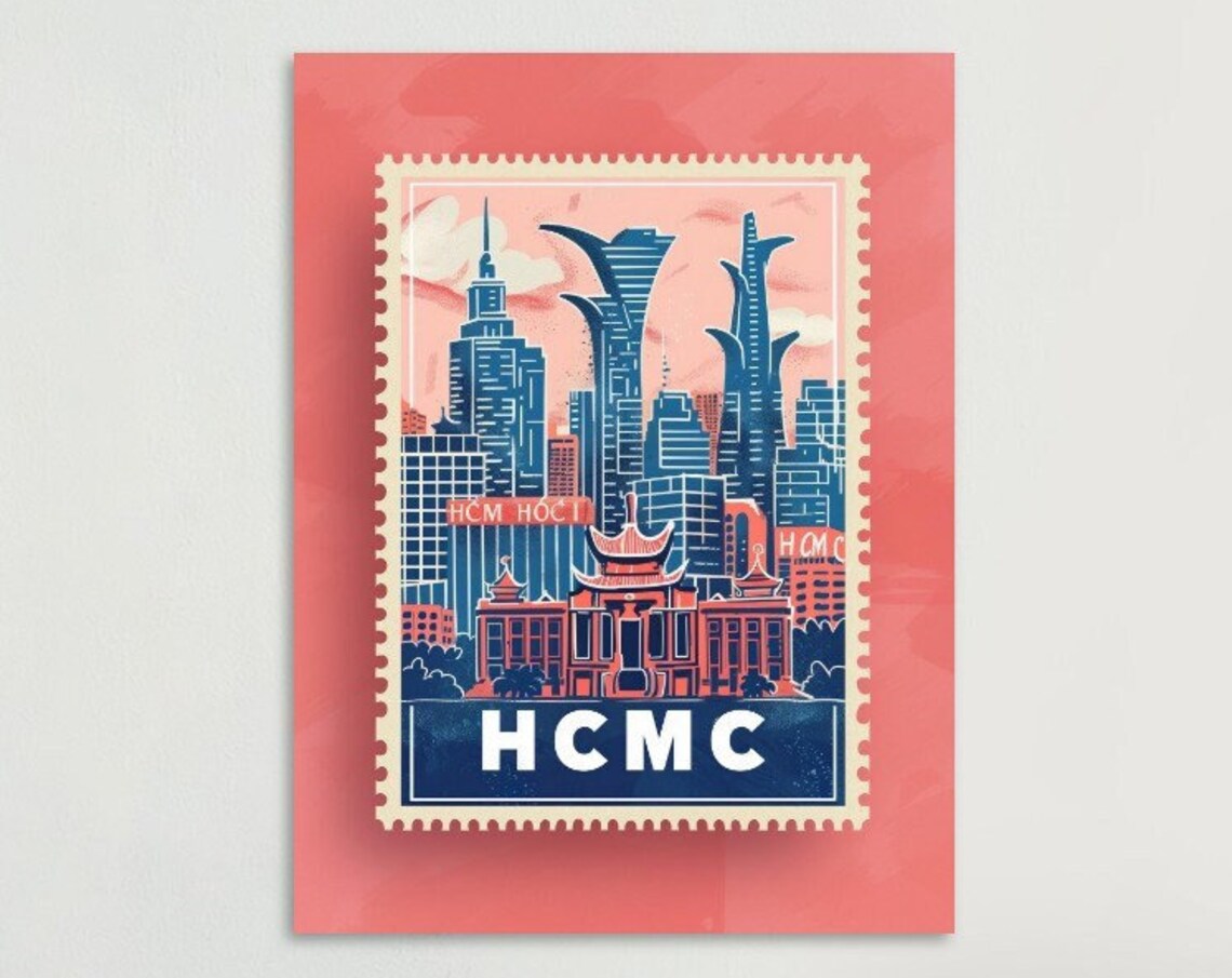 Ho Chi Minh City Skyline Vintage Colonial Stamp Style Travel Poster