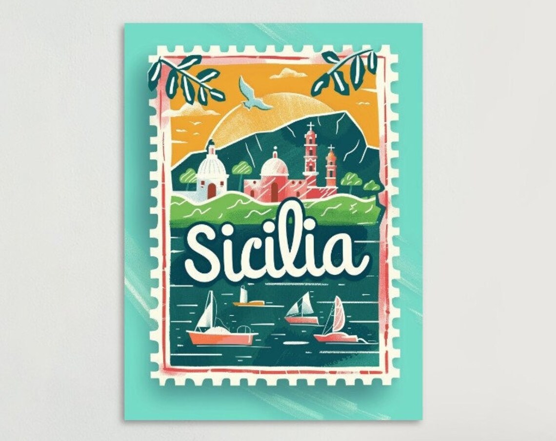 Sicily Coastal Village Sailboats Mint Vintage Stamp Travel Poster