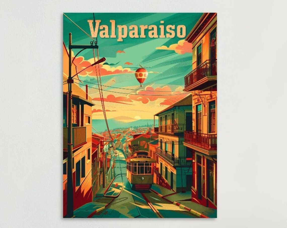 Valparaiso Streetcar Hillside Street Retro Chile Travel Poster