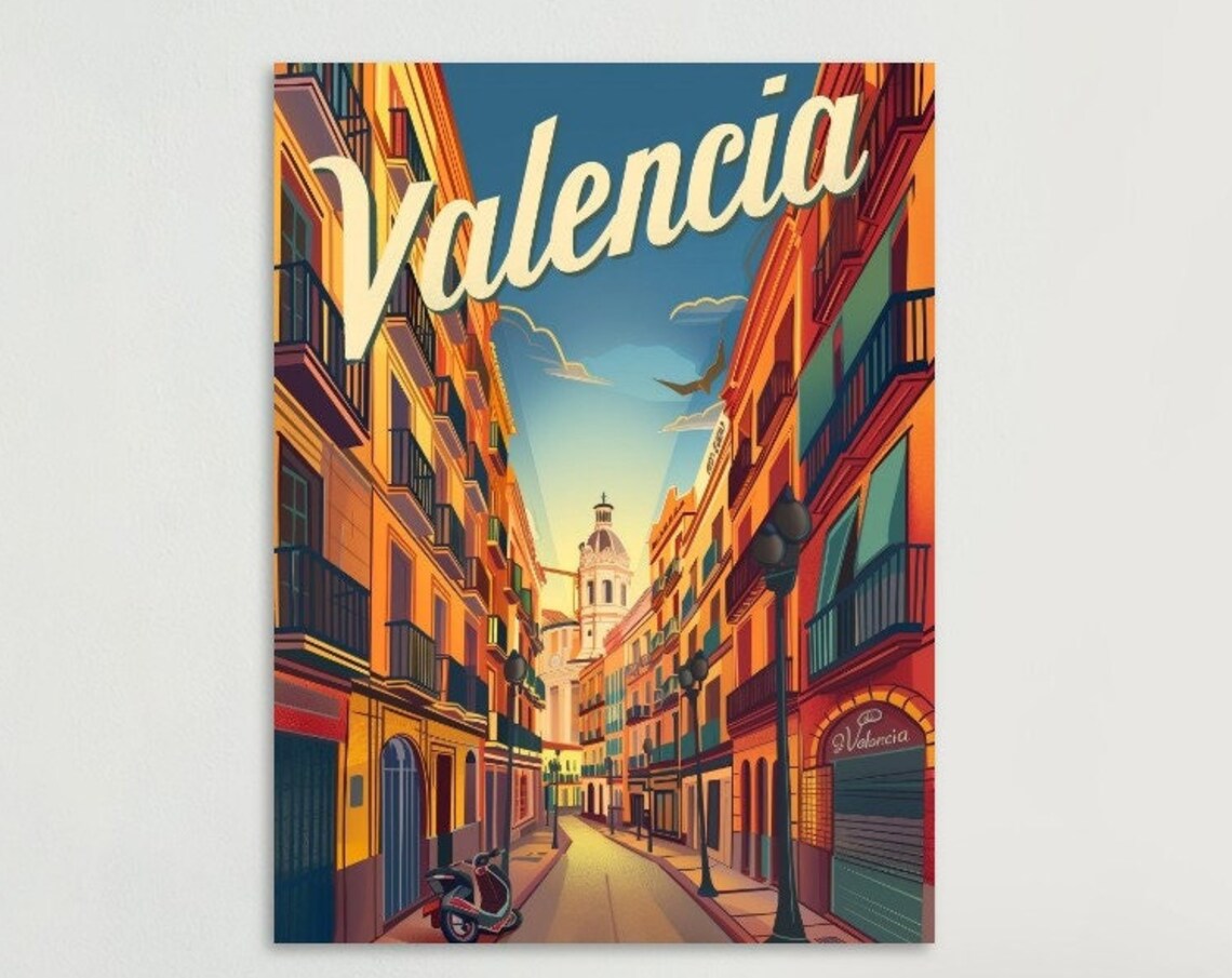 Valencia Old Town Street Cathedral Retro Spanish Travel Poster