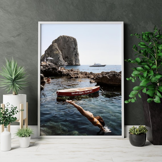 Woman Diving Into Blue Water Rocky Island Luxury Summer Photo Print