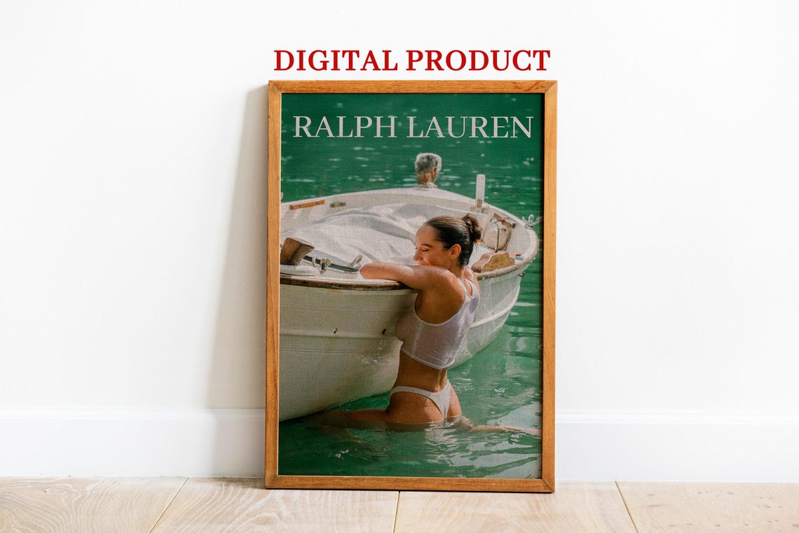 Ralph Lauren White Swimsuit Woman Boat Turquoise Water Photo Poster