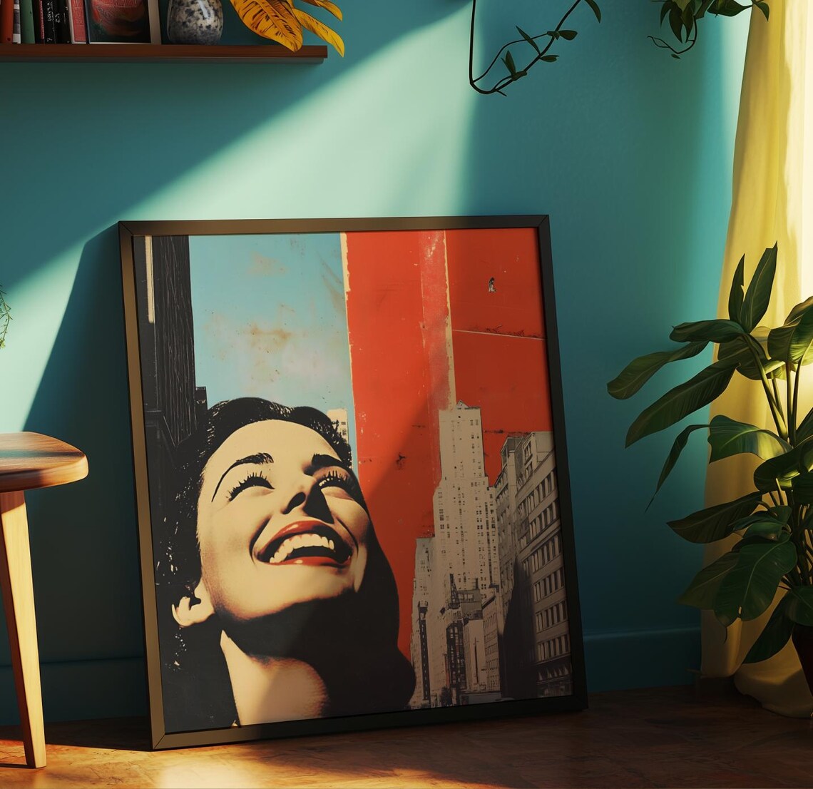 Laughing Woman Vintage Pop Art Retro City Skyline Bold Red Poster