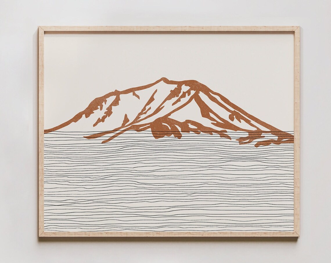 Mount Lassen Minimalist Boho Travel Poster With Line Art Lake
