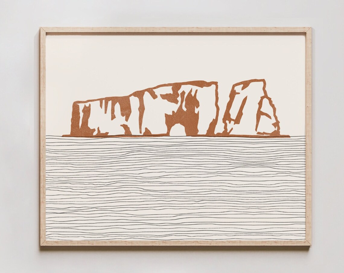 Perce Rock Canada Minimalist Terracotta Coastline Travel Poster