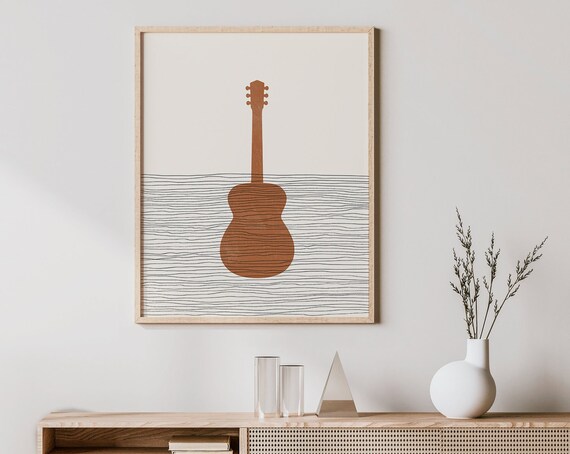Boho Guitar Art Print, Minimalist Acoustic Illustration