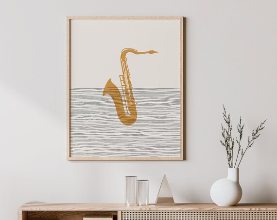 Gold Saxophone Silhouette Minimalist Boho Music Instrument Poster