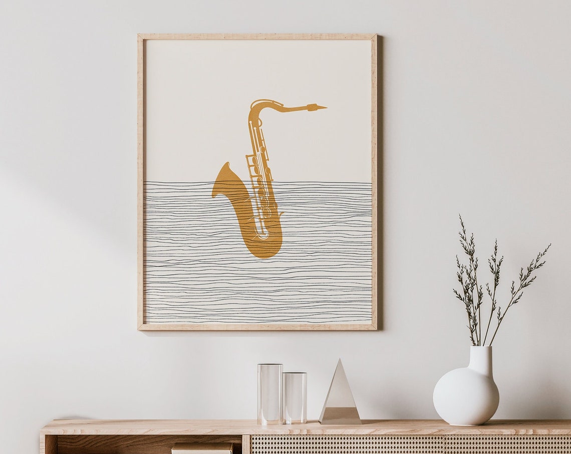 Gold Saxophone Silhouette Minimalist Boho Music Instrument Poster