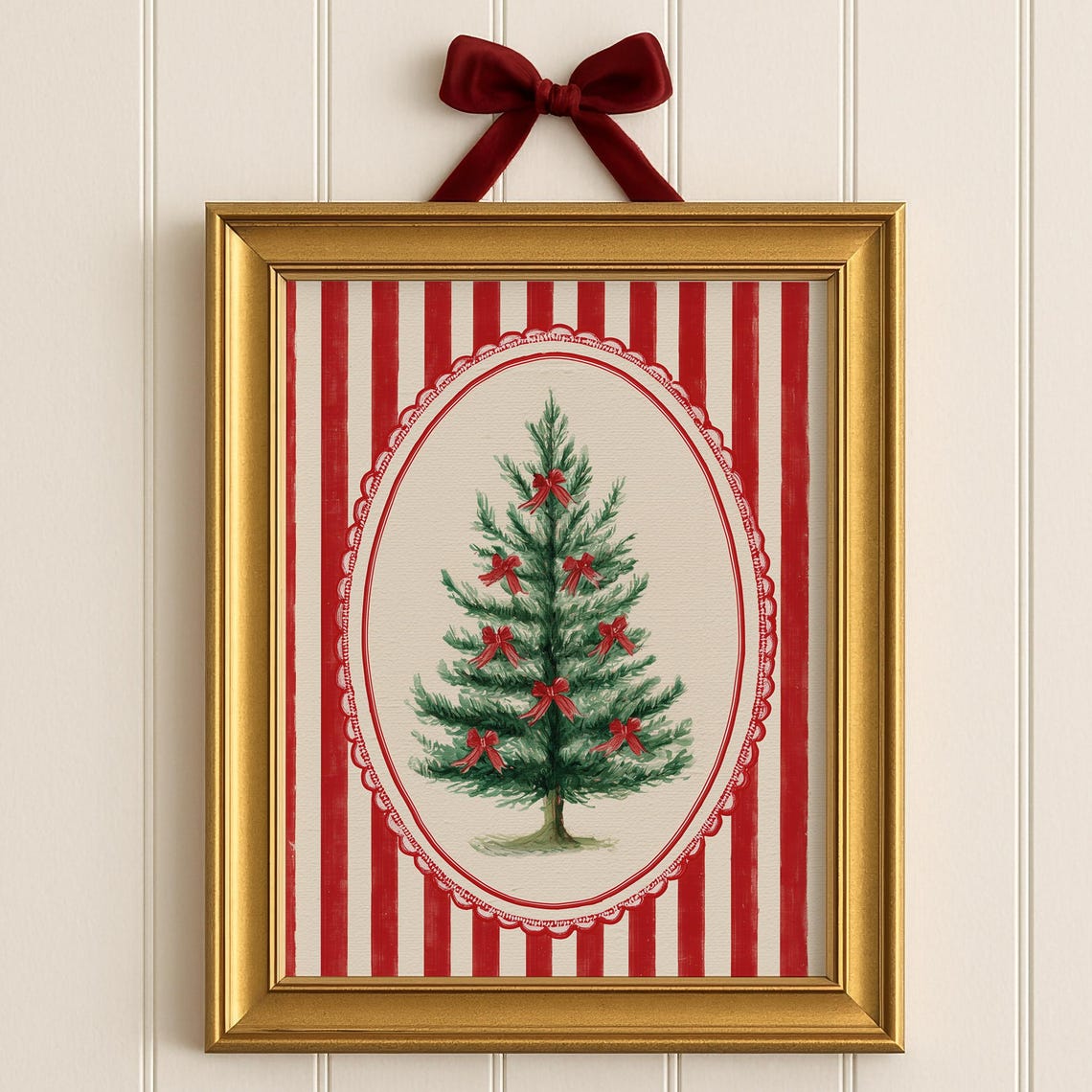 Vintage Classic Christmas Tree With Red Bows Striped Holiday Poster